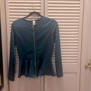 Teal long sleeve zip up blouse